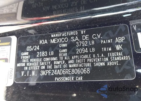 2024 Kia Forte Lx из США, поврежденный, VIN 3KPF24AD6RE806068